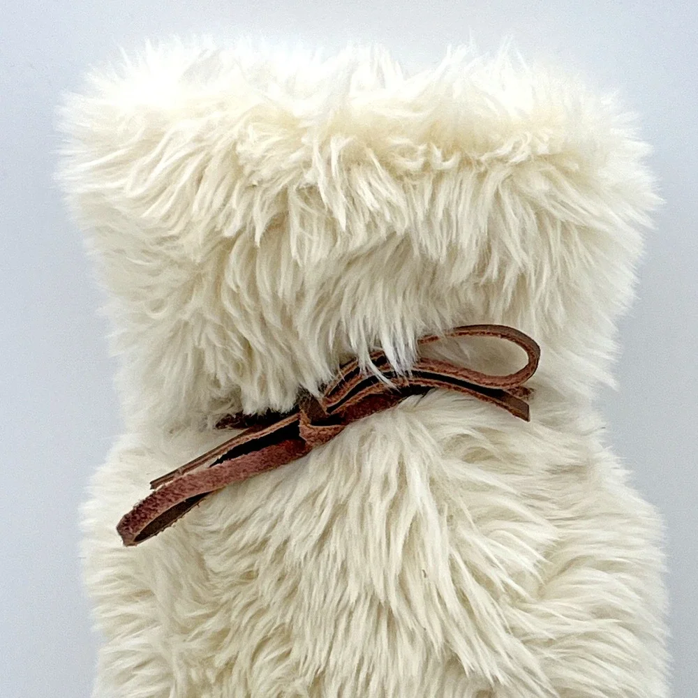 RESTORATION‎ HARDWARE Cream Faux Fur Wine Bag Silky Lining Leather Tie EUC